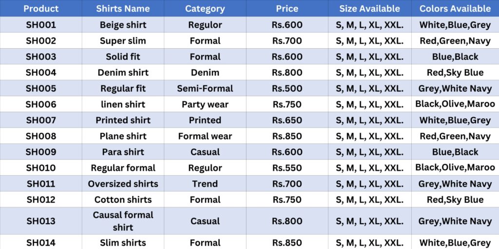 Shirts size chart